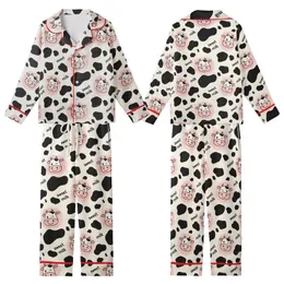 Cute Cartoon Style Fans' Cream Off-White Black Cow Print, Pink Cartoon Cow Faces & 'Sweet Milk' Pattern Kid Satin Pajamas Set