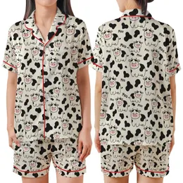 Cute Animal Lovers' Whimsical Off-White Hand-Drawn Cartoon Cow & Moo Pattern with Black Spots & Pink Accents Satin Short-Sleeve Pajamas Set