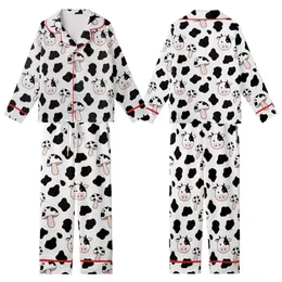 Whimsical Design Lovers' Seamless Black White Pink Hand-Drawn Cowhide Spot Cartoon Cow Mushroom Pattern Kid Satin Pajamas Set