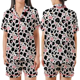 Cute Style Enthusiasts' White & Black Holstein Cow Print, Bubblegum Pink Hearts, Cartoon Cow Faces, I LOVE MILK Text Satin Short-Sleeve Pajamas Set
