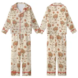 Boho Western Lovers' Retro Illustrated Cowboy Boots Wildflowers Peach Coral Olive Green Pattern Kid Satin Pajamas Set