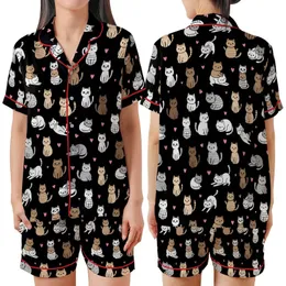 Kawaii Style Enthusiasts' Playful Hand-Drawn Cartoon Cats, Pink Hearts, White Grey Brown Peach on Black Satin Short-Sleeve Pajamas Set