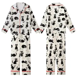 Cat Lovers' Whimsical Black Cats Flat Art Pattern, Peach Bows, Teal Collars, Blue Paws, Cream Kid Satin Pajamas Set