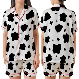 Modern Trendsetters' Bold High-Contrast Jet Black Organic Cowhide Spot Pattern Satin Short-Sleeve Pajamas Set