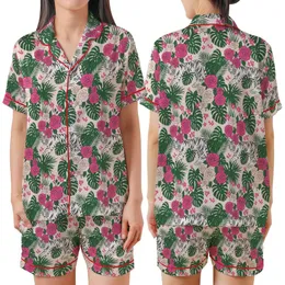 Women's Soft Pink Illustrative White Tiger Hot Pink Rose Deep Green Leaf Pattern Satin Short-Sleeve Pajamas Set