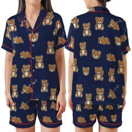 Bear Lovers' Warm Caramel Teddy Bear Pattern, Smiling Waving Sleeping Bears, Deep Navy Blue Satin Short-Sleeve Pajamas Set