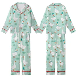 Whimsical Animal Lovers' Aqua Mint Green Geese Pattern with Teal Hats, Bow Ties, Orange Beaks Kid Satin Pajamas Set