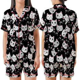 Cat Lovers' Expressive Cartoon Cat Faces Black White Gray Repeat Pattern Pink Accents Satin Short-Sleeve Pajamas Set