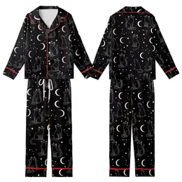 Cat Lovers' Minimalist Black White Outline Celestial Cat Moon Star Pattern Kid Satin Pajamas Set