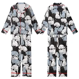 Cat Lovers' Illustrative Whimsical White Blue-Grey Black Tuxedo Cats Seamless All-Over Pattern on Black Kid Satin Pajamas Set