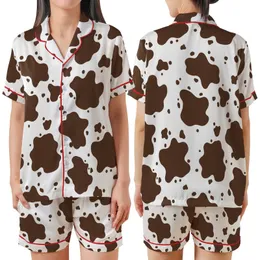 Pattern Lovers' Fluid Organic Dark Brown Cow Print Style on Crisp White Satin Short-Sleeve Pajamas Set
