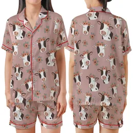 Cow Lovers' Whimsical Illustrative Holstein Cow Faces & Muted Floral Pattern on Soft Dusty Rose Satin Short-Sleeve Pajamas Set