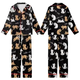 Cat Lovers' Adorable Seamless All-Over Black Background Whimsical White Tan Cartoon Cats & 'Cute Cat' Script Pattern Kid Satin Pajamas Set