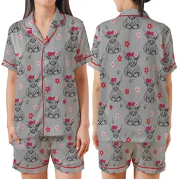 Whimsical Animal Lovers' Heather Grey Hand-Drawn Fluffy Highland Cow Flower Crown Fuchsia Pink Red Pattern Satin Short-Sleeve Pajamas Set