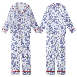 Western Enthusiasts' Illustrative Dusty Periwinkle Cobalt Blue Cowboy Boot Hat Cactus Rattlesnake Pattern Kid Satin Pajamas Set