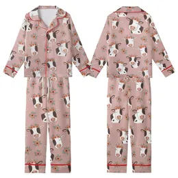 Cow Lovers' Whimsical Illustrative Holstein Cow Faces & Muted Floral Pattern on Soft Dusty Rose Kid Satin Pajamas Set