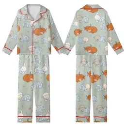 Baby Animal Lovers' Whimsical Illustrative Sleeping Baby Animals Pale Sage Green Pattern: Cow, Bear, Lamb, Bunny in Blue Checkered Pajamas Kid Satin Pajamas Set