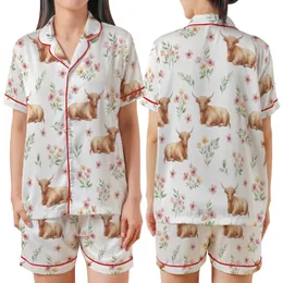 Cottagecore Style Whimsical Watercolor Fluffy Highland Cow Wildflower Botanical Blush Pink Sage Green Pattern Satin Short-Sleeve Pajamas Set