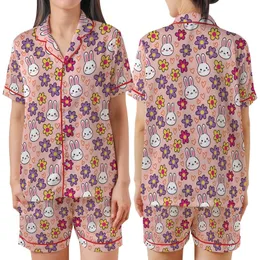 Women's Cheerful Pastel Pink White Cartoon Bunny Purple Yellow Flower Orange Heart Illustrative Pattern Satin Short-Sleeve Pajamas Set