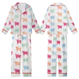 Highland Cow Fans' Whimsical Hand-Drawn Seamless Pattern Block Print Fuchsia Peach Mint Sky Blue Kid Satin Pajamas Set