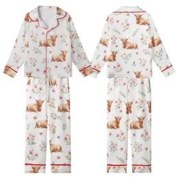 Cottagecore Style Whimsical Watercolor Fluffy Highland Cow Wildflower Botanical Blush Pink Sage Green Pattern Kid Satin Pajamas Set