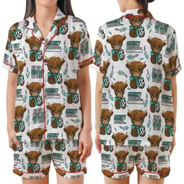 Whimsical Animal Lovers' Fluffy Highland Cow Boba Tea Lavender Caramel Teal Distressed Text Pattern Satin Short-Sleeve Pajamas Set