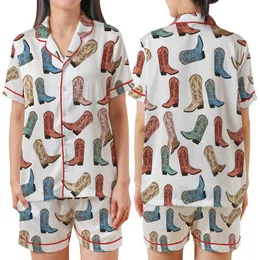 Western Style Lovers' Hand-Drawn Cowboy Boot Pattern Pink Teal Terracotta Hues Satin Short-Sleeve Pajamas Set