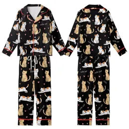 Cat Lovers' Whimsical Black Pattern with Tan & White Cartoon Cats, 'Cute Cat' Script, Pink Hearts Kid Satin Pajamas Set