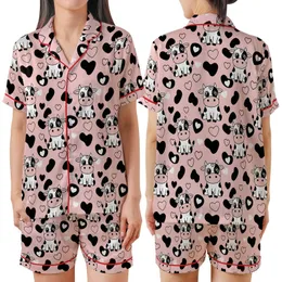 Cute Style Enthusiasts' Playful Cartoon Cow Pastel Pink Black White Cow Print Heart Spot Pattern Satin Short-Sleeve Pajamas Set