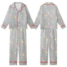 Whimsical Cat Lovers' Pastel Celestial Cats Moon Stars Planets Soft Grey Pattern Kid Satin Pajamas Set