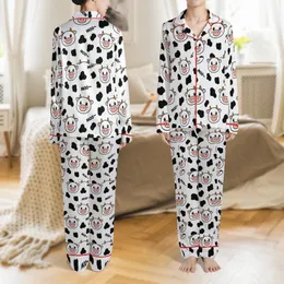 Animal Lovers' Whimsical Cartoon Cow Faces Pink Snouts Black Spots 'MOO~' White Pattern Satin Pajamas Set