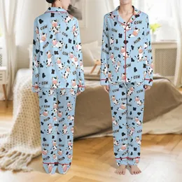 Farm Animal Lovers' Cheerful Light Blue Cartoon Cow Seamless Pattern, Black Spots & Playful 'MOO' Text Satin Pajamas Set