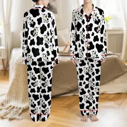 Animal Lovers' Whimsical Black & White Organic Cow Spot Pattern with Charming Cartoon Cows Satin Pajamas Set