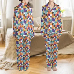 Cat Lovers' Whimsical Cartoon Cats Densely Packed Patchwork Pattern, Vibrant Tangerine Aqua Sky Blue Purple Yellow Satin Pajamas Set