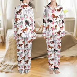 Women's Painterly Watercolor Galloping Horses Pink Roses Seamless Pattern on White Satin Pajamas Set