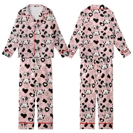 Cute Style Enthusiasts' Playful Cartoon Cow Pastel Pink Black White Cow Print Heart Spot Pattern Kid Satin Pajamas Set