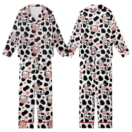 Cow Lovers' Playful Pure White Black Pink Cartoon Cows Spots Hearts Stars Pattern Kid Satin Pajamas Set