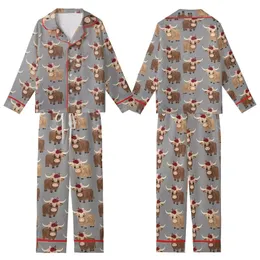 Highland Cow Lovers' Whimsical Shaggy Brown Cow Red Pink Floral Crown Heather Grey Print Kid Satin Pajamas Set