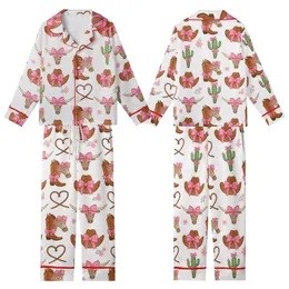 Women's Whimsical Western Pink Bow Cowgirl Hat Longhorn Cactus Pattern Kid Satin Pajamas Set