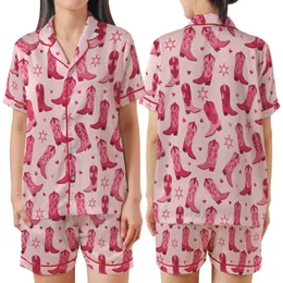 Cowgirl Chic Fans' Blush Pink Fuchsia Stylized Scattered Cowboy Boots Heart Badge Pattern Satin Short-Sleeve Pajamas Set