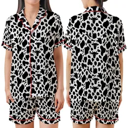 Animal Print Lovers' Bold Black White Cow Spot Pattern with Stylized Cow Heads and Milk Splashes Satin Short-Sleeve Pajamas Set