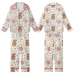 Highland Cow Lovers' Whimsical Watercolor Shaggy Brown Cow Dusty Rose Peach Yellow Green Floral Pattern Kid Satin Pajamas Set