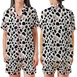 Cow Lovers' Whimsical White Black Brown Pink Cartoon Cow Spot & Friendly Face Pattern Satin Short-Sleeve Pajamas Set