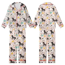Whimsical Farm Life Admirers Light Pink Flat Art Farm Animal Pattern: Stylized Horses, Cows, Sheep, Rabbits, Roosters, Ducks Kid Satin Pajamas Set