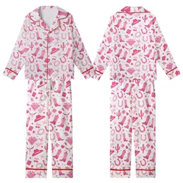 Pink Western Enthusiasts' Playful Pink & Hot Pink Cowgirl Boot Cactus Star Pattern Kid Satin Pajamas Set