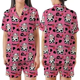 Cute Animal Lovers' Vibrant Hot Pink Flat 2D Cartoon Dairy Cow Rosy Cheeks Strawberry Moo Design Satin Short-Sleeve Pajamas Set