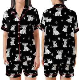 Highland Cow Fans' Black and White Illustrative Stencil Style Seamless Repeating Pattern of Cute Highland Cows with Flower Crowns Satin Short-Sleeve Pajamas Set