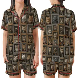 Cat Lovers' Vintage Aristocratic Cat Portraits Collage Gilded Gold Silver Damask Print Satin Short-Sleeve Pajamas Set
