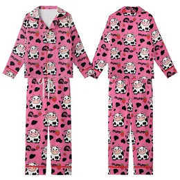 Cute Animal Lovers' Vibrant Hot Pink Flat 2D Cartoon Dairy Cow Rosy Cheeks Strawberry Moo Design Kid Satin Pajamas Set