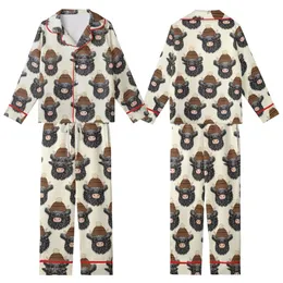 Cute Animal Lovers' Fluffy Baby Highland Cow Black White Fur Light Pink Snout Brown Striped Pom-Pom Beanie Pattern Kid Satin Pajamas Set